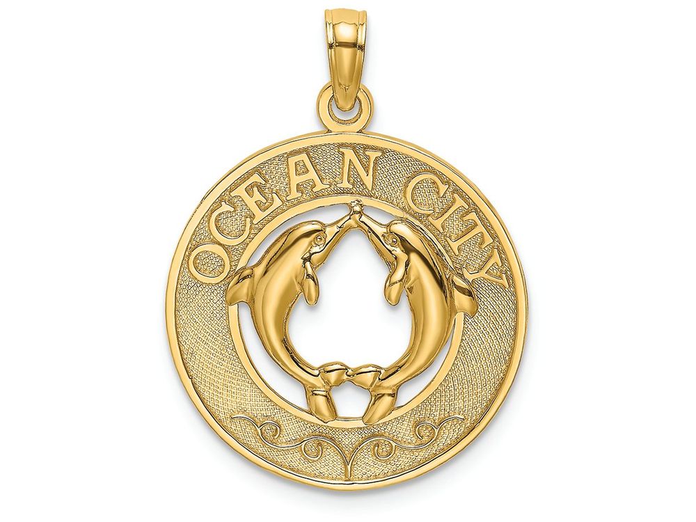 FJC Finejewelers 14k Yellow Gold Ocean City On Round Frame with Dolphins In Center Charm