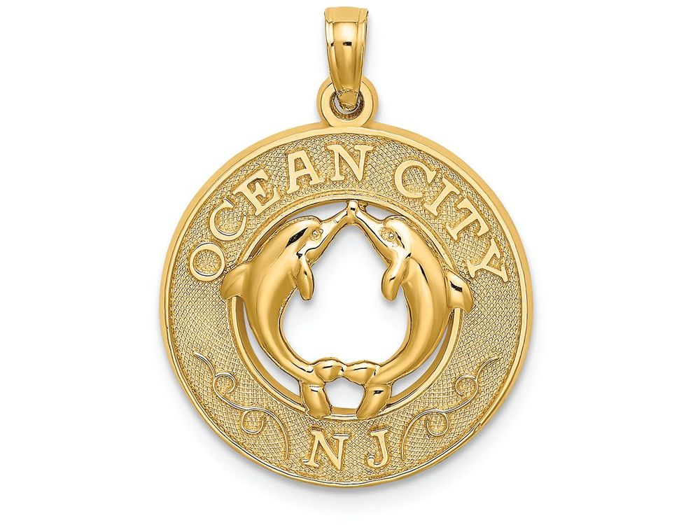 FJC Finejewelers 14k Yellow Gold Ocean City Nj On Round Frame with Dolphins In Center Charm