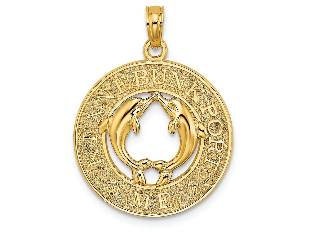 FJC Finejewelers 14k Yellow Gold Kennebunkport Me On Round Frame with Dolphins In Center Charm