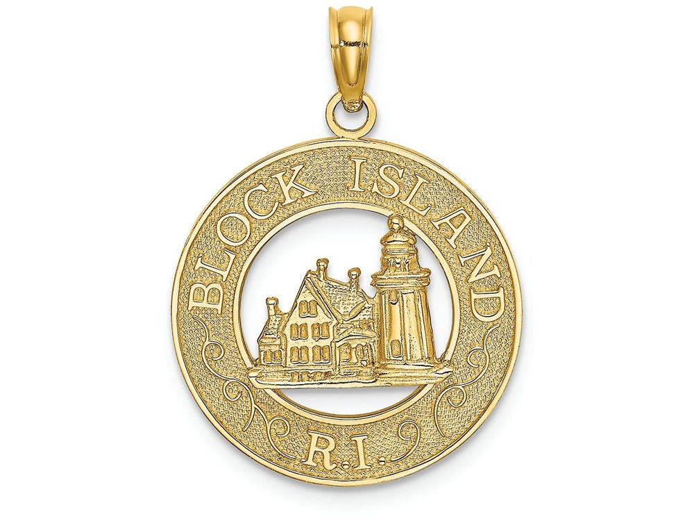 FJC Finejewelers 14k Yellow Gold Block Island Ri On Round Frame with Southeast Lighthouse Center Charm