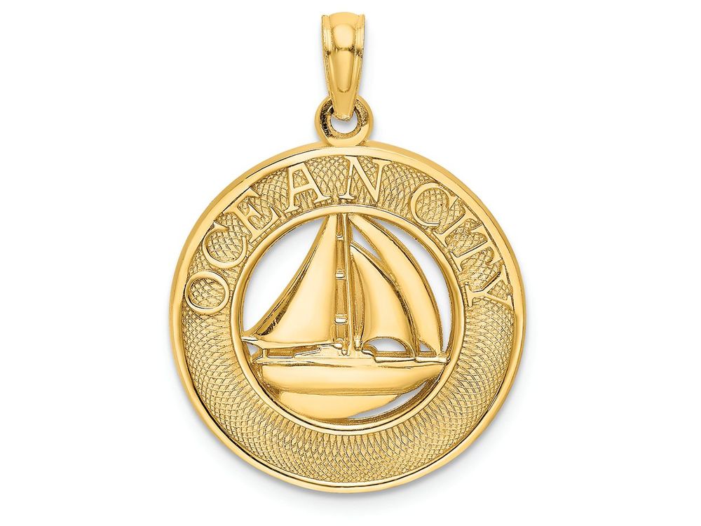 FJC Finejewelers 14k Yellow Gold Ocean City On Round Frame with Sailboat Center Charm
