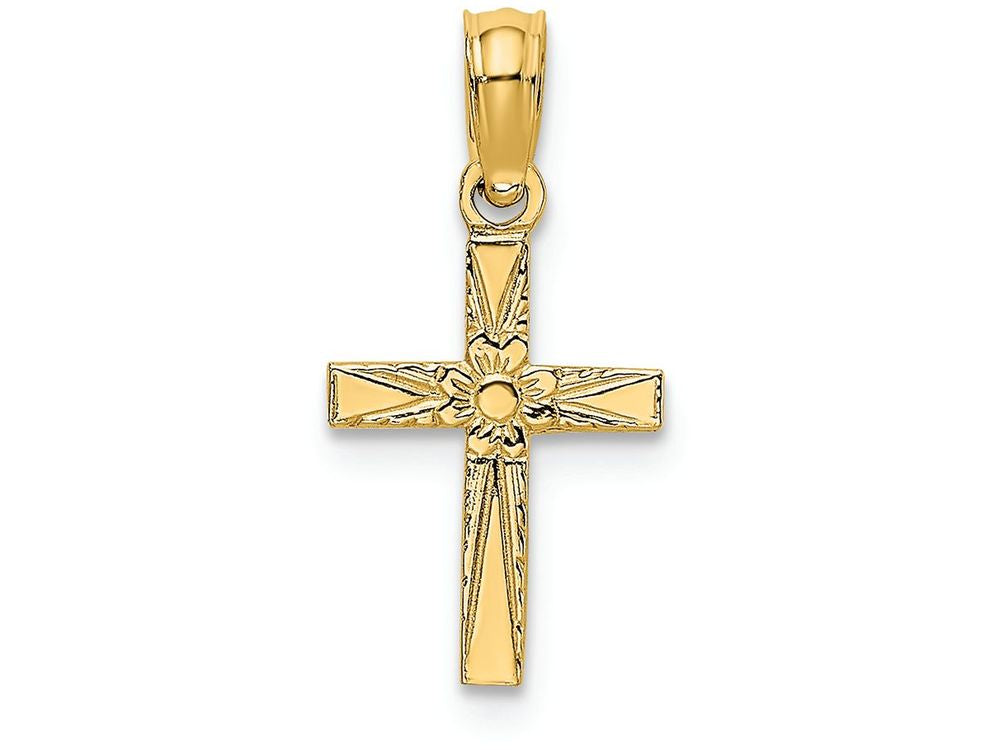 FJC Finejewelers 14k Yellow Gold Mini Cross with Flower Polish Engraved Charm