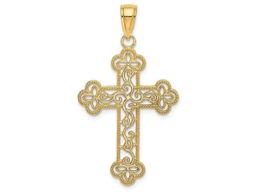 FJC Finejewelers 14k Yellow Gold Tri-tipped Cross with Scroll Pattern Beaded Edge Charm