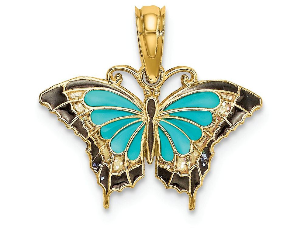 FJC Finejewelers 14k Yellow Gold Small Butterfly with Aqua Stained Glass Wings Black Outline Charm