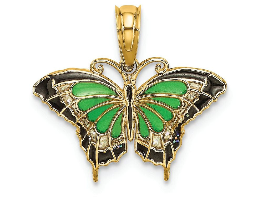 FJC Finejewelers 14k Yellow Gold Small Butterfly with Green Stained Glass Wings Black Outline Charm