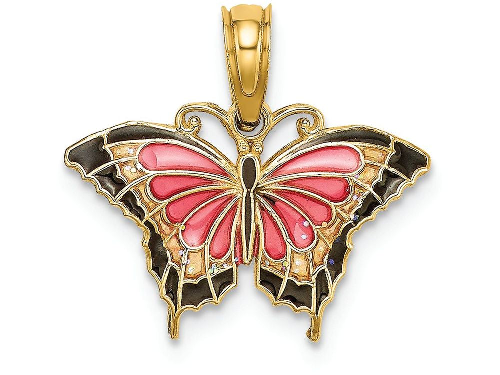 FJC Finejewelers 14k Yellow Gold Small Butterfly with Pink Stained Glass Wings Black Outline Charm