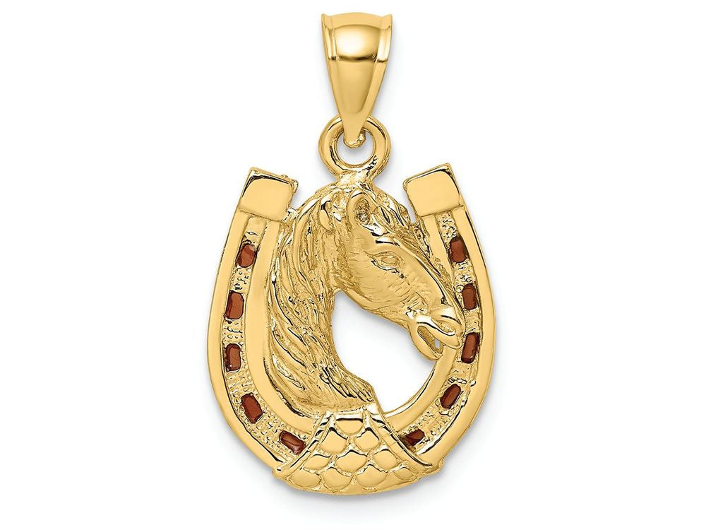 FJC Finejewelers 14k Yellow Gold Horse Head In Horseshoe with Stained Glass Brown Accents Charm