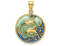 FJC Finejewelers 14k Yellow Gold Double Dolphins Blue Stained Glass In Circle Charm