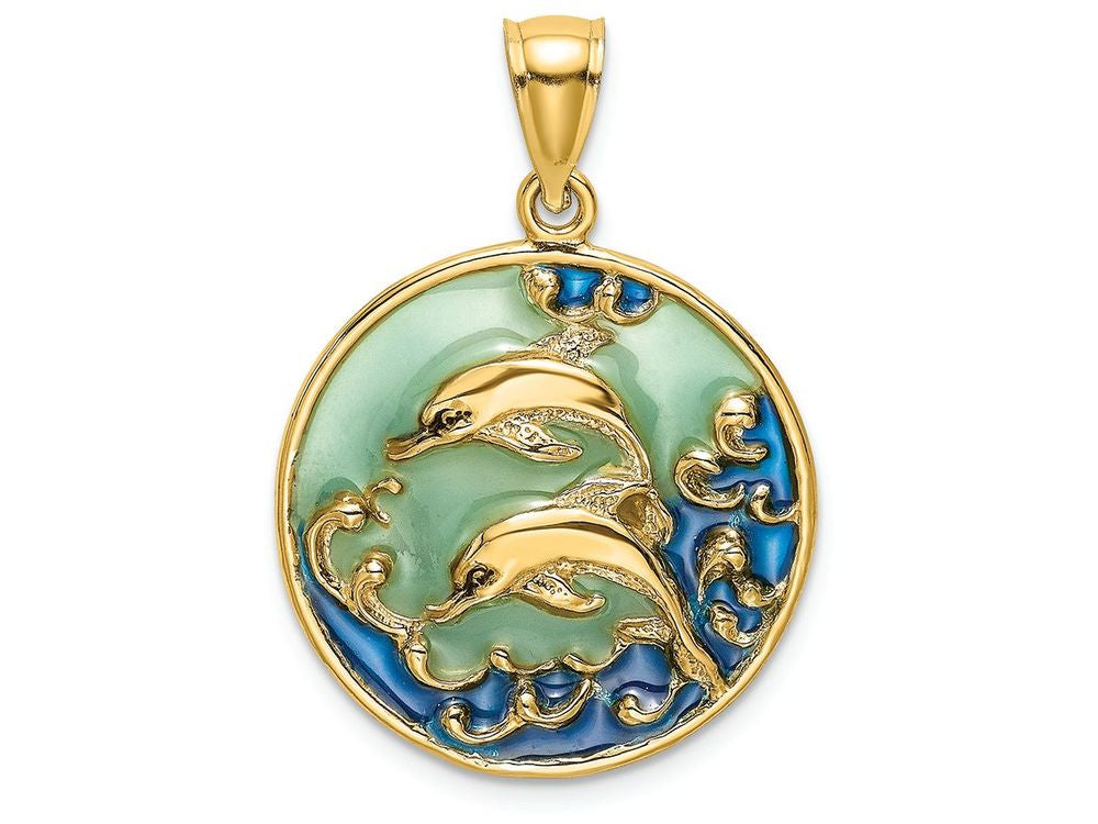 FJC Finejewelers 14k Yellow Gold Double Dolphins Blue Stained Glass In Circle Charm