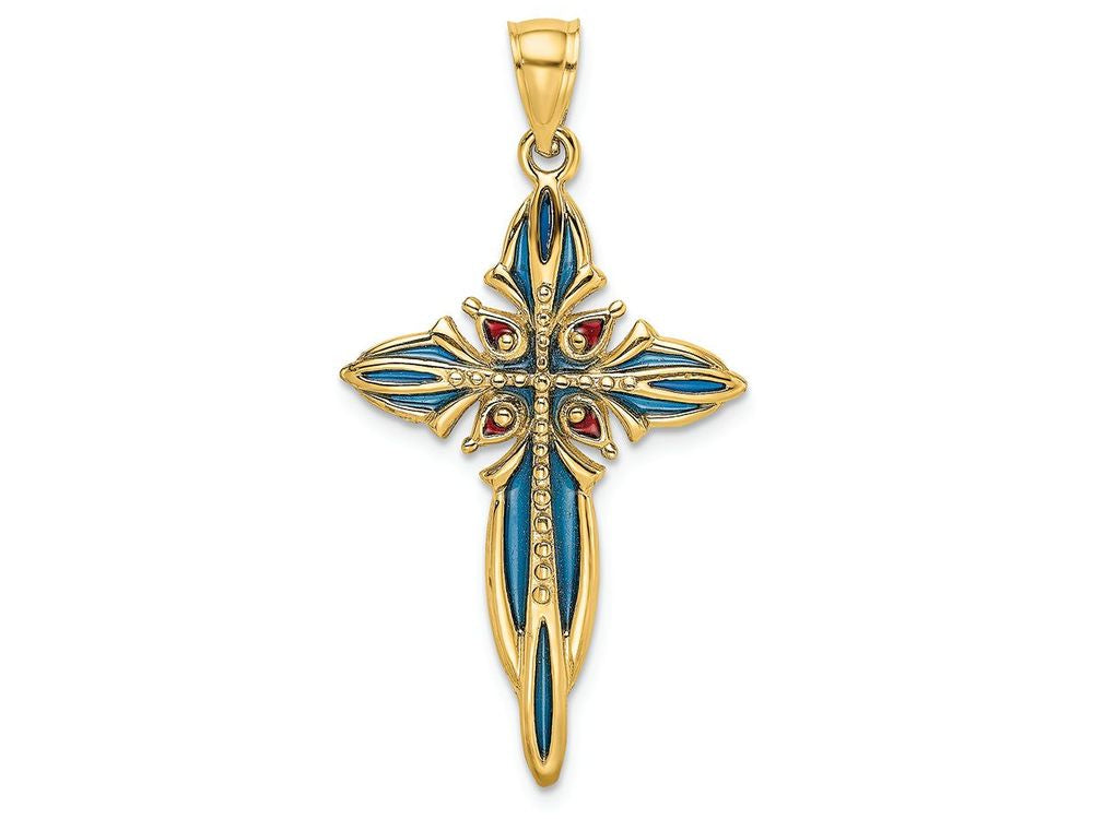 FJC Finejewelers 14k Yellow Gold Blue Stained Glass Crossover Beaded Triangle Tips Red Accnt Charm
