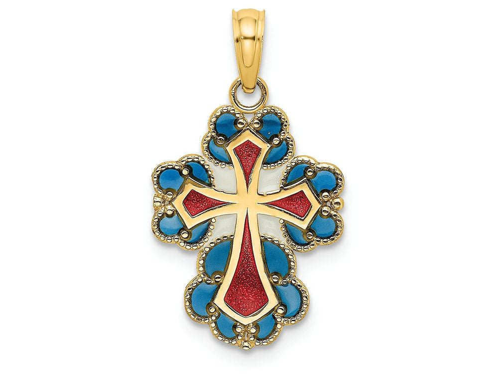 FJC Finejewelers 14k Yellow Gold Blue Lace Trim Cross with Red White Centerstained Glass Charm