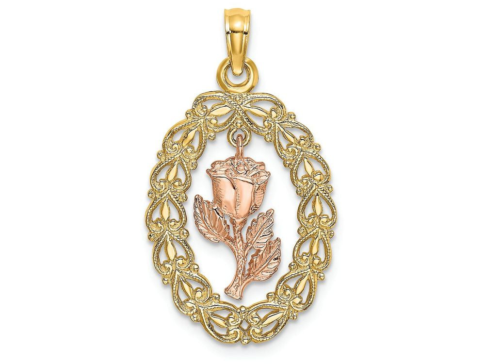 FJC Finejewelers 14k Two-tone Gold Oval Frame with Dangling Rosetwo-color Charm
