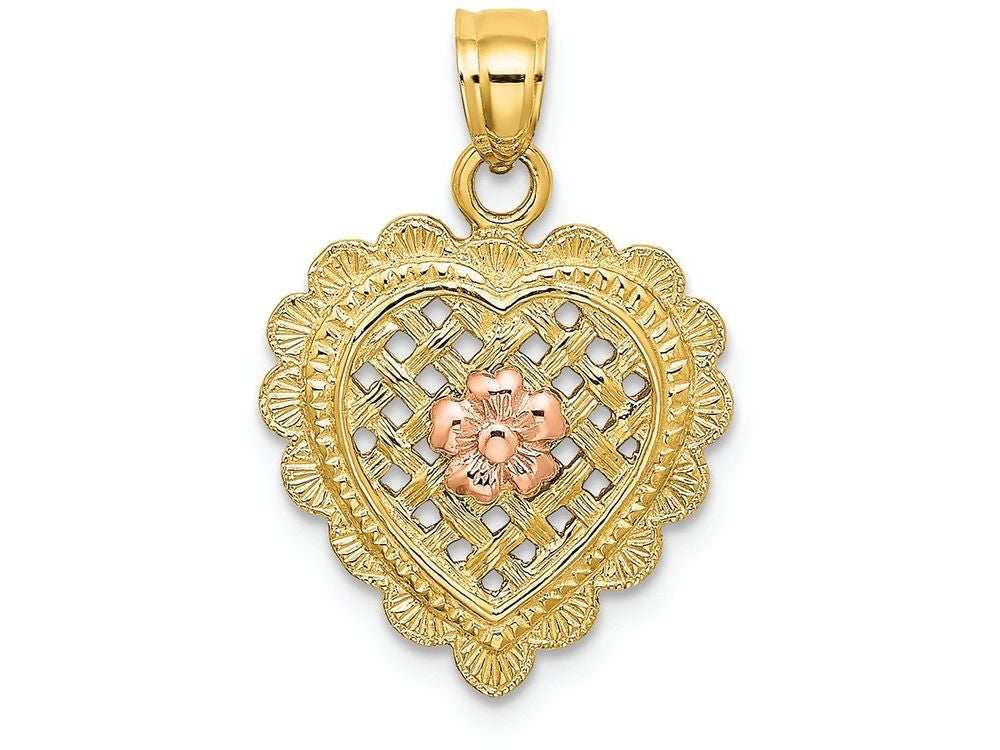 FJC Finejewelers 14k Two-tone Gold Pink Flower On Basket Weave Heart with Scalloped Edge Charm
