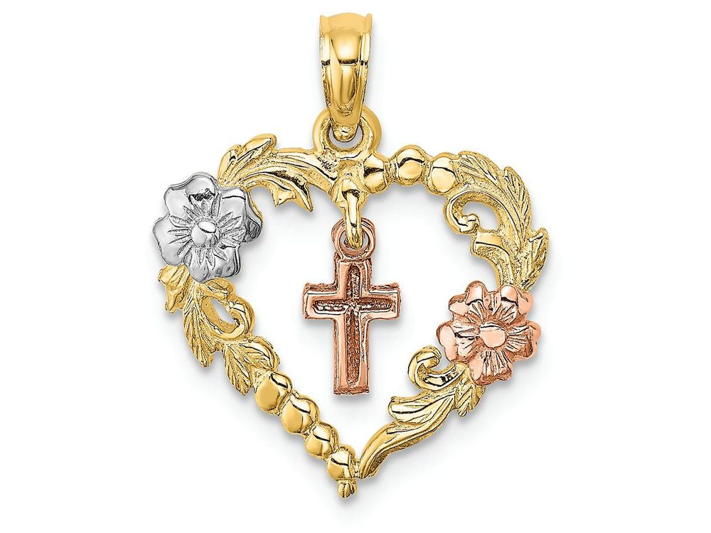 FJC Finejewelers Heart with Dangling Cross Flowerstri-color Charm