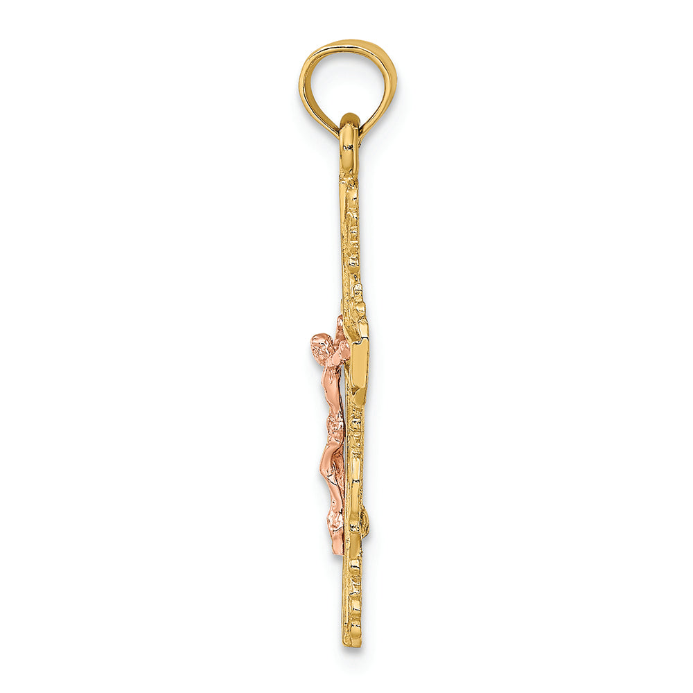 FJC Finejewelers 14k Two-tone Gold Lace Trim Crucifix with Pink Jesus Charm