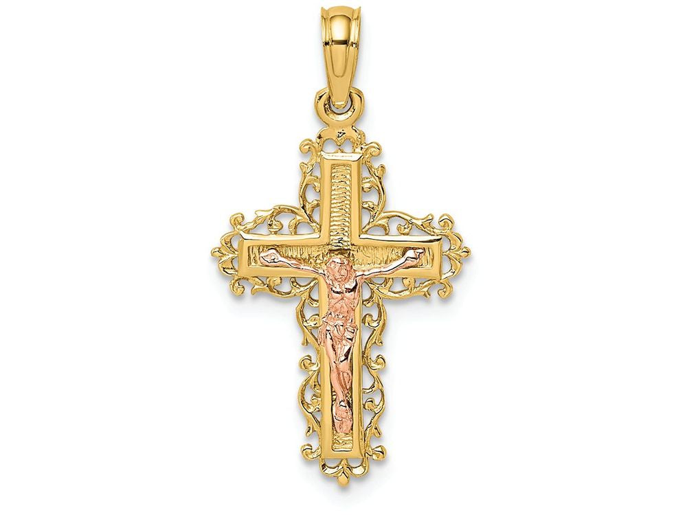 FJC Finejewelers 14k Two-tone Gold Crucifix with Lace Trim Pink Jesus Charm