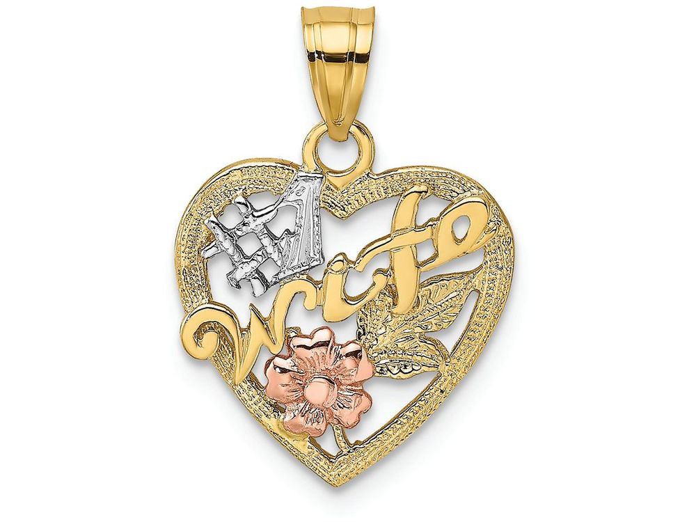 FJC Finejewelers 14k Two-tone Gold #1 Wife In Heart with Pink Flower Charm