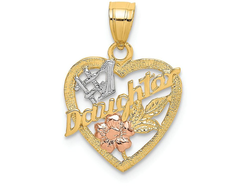 FJC Finejewelers 14k Two-tone Gold #1 Daughter In Heart with Pink Flower Charm