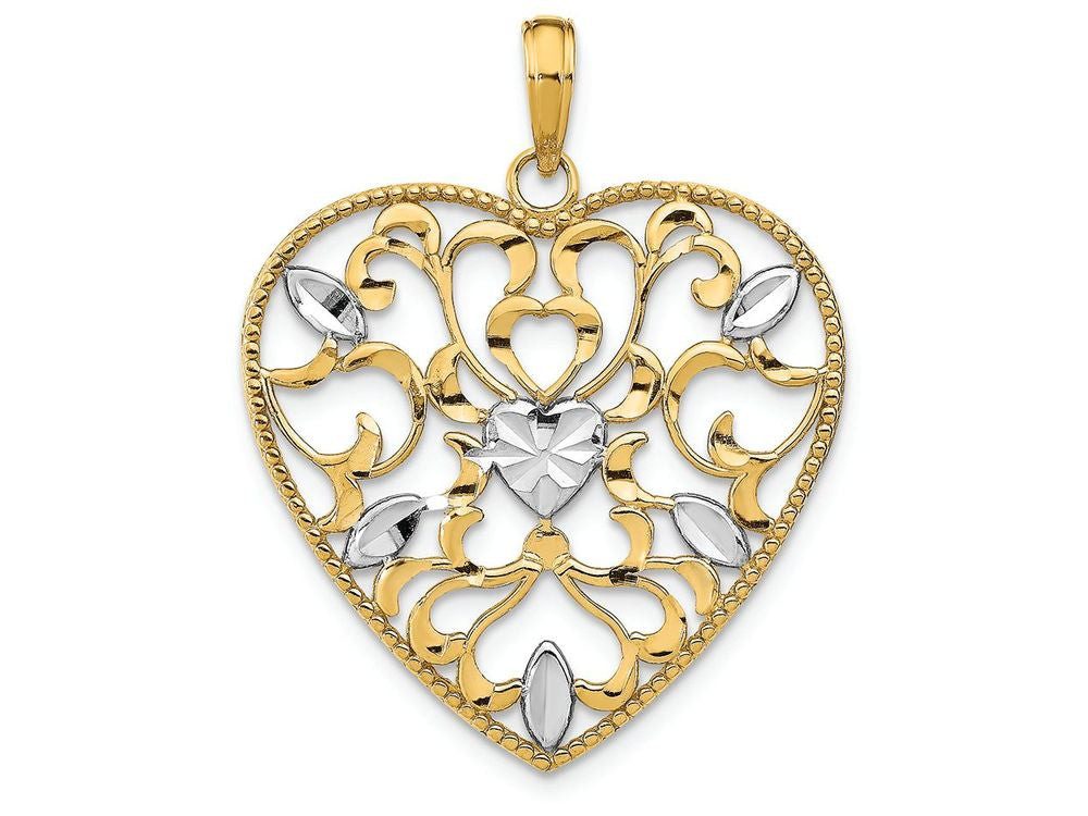 FJC Finejewelers 14k Two-tone Gold Heart with Filigree Cut-out White Leaf Accents Charm