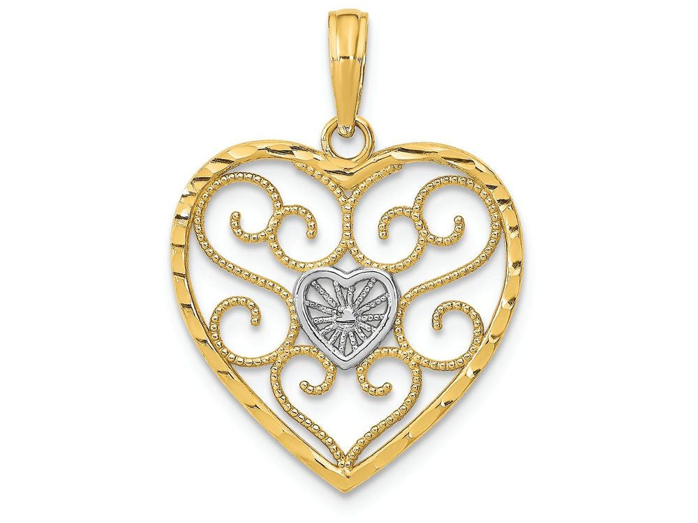 FJC Finejewelers 14k Two-tone Gold Filigree Beaded Heart Two-color Charm