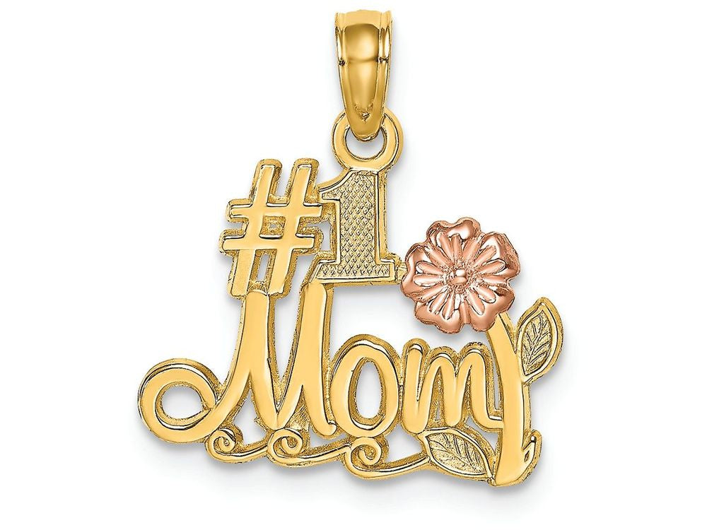 FJC Finejewelers 14k Two-tone Gold #1 Mom Script with Pink Flower Charm