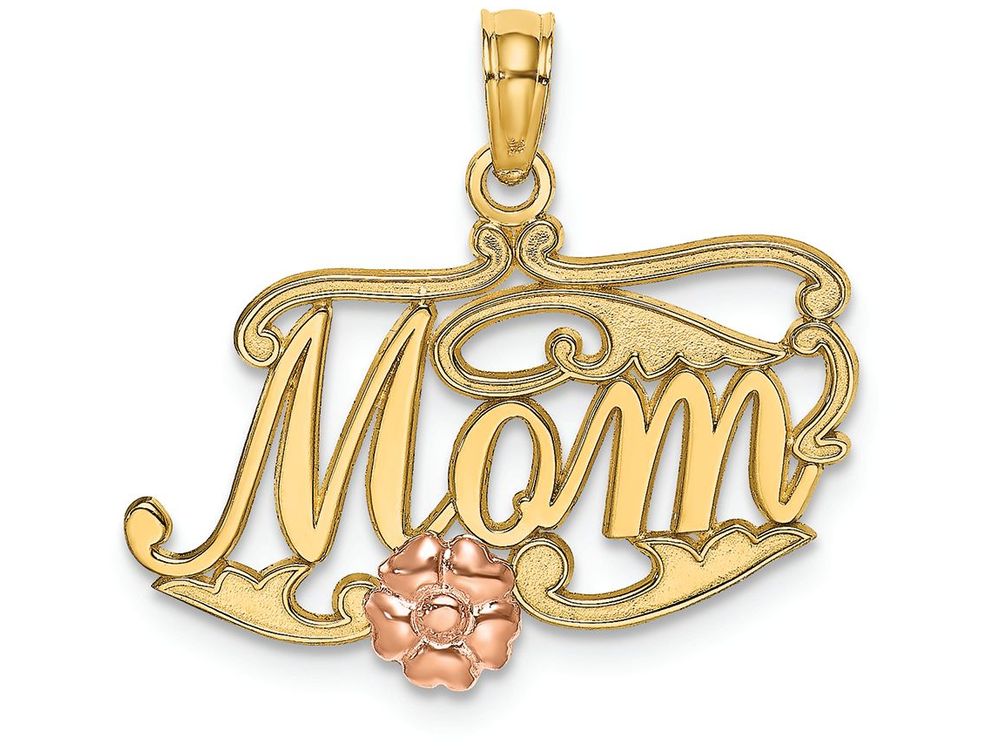 FJC Finejewelers 14k Two-tone Gold Mom Script with Pink Flower Charm