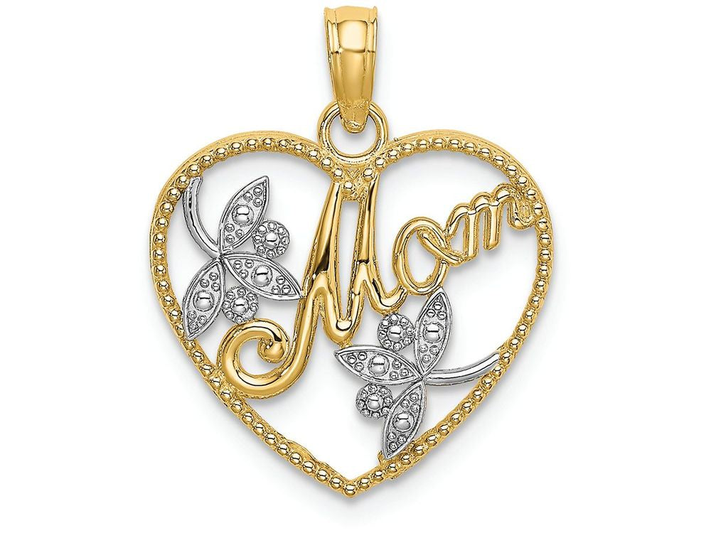 FJC Finejewelers 14k Two-tone Gold Beaded Heart with Mom White Double Leaf Centerhp Two-color Charm