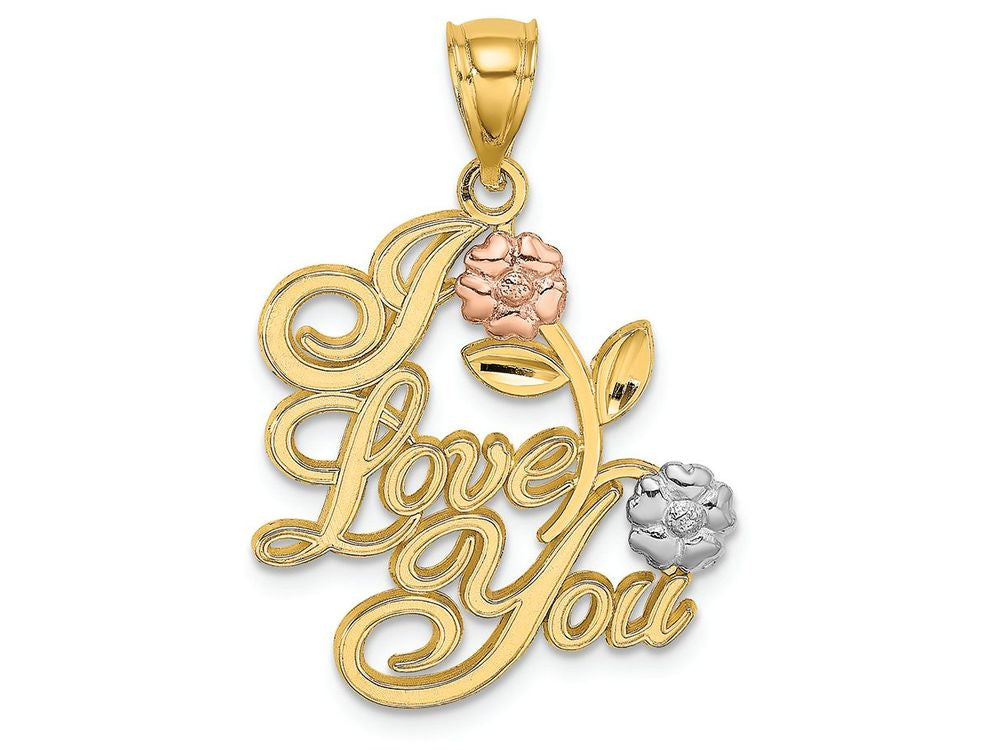 FJC Finejewelers 14k Two-tone Gold I Love You" Script with Two Flowers - Tri-colo Charm