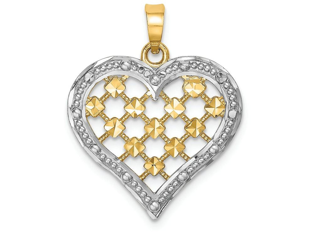 FJC Finejewelers 14k Two-tone Gold White Outline Heart with Bright Cut Lattice Center Charm
