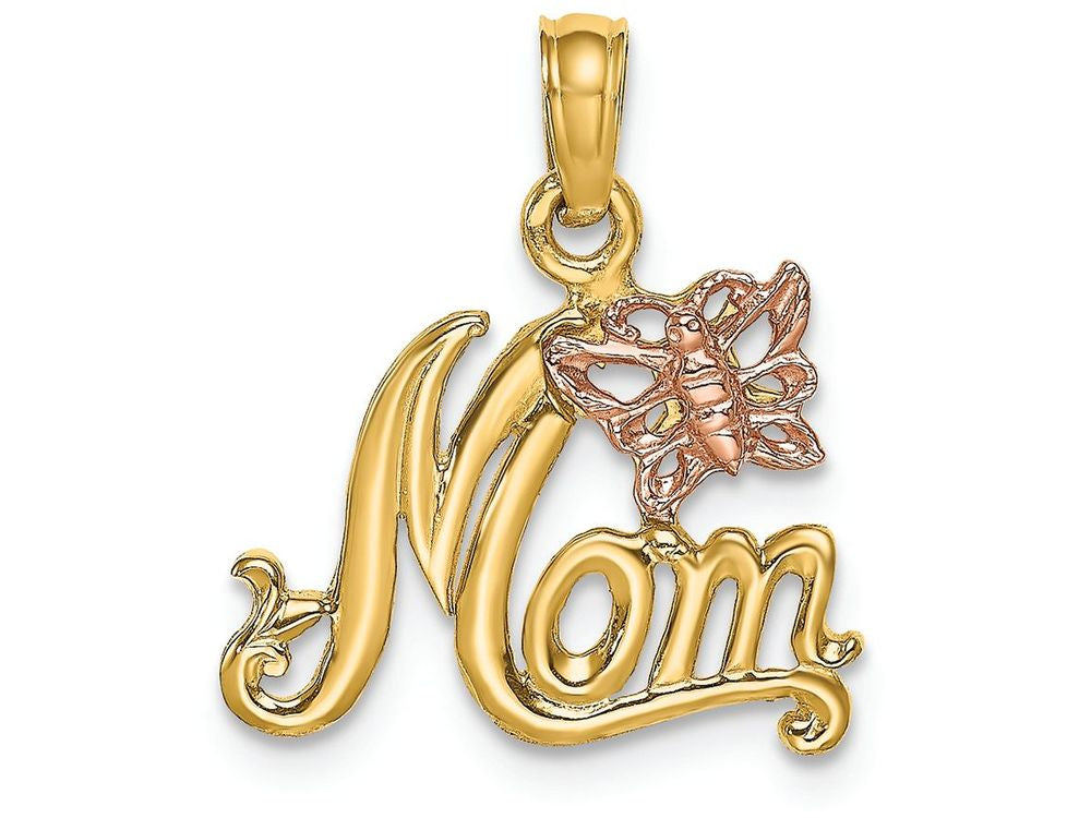 FJC Finejewelers 14k Two-tone Gold Mom with Pink Butterfly Charm