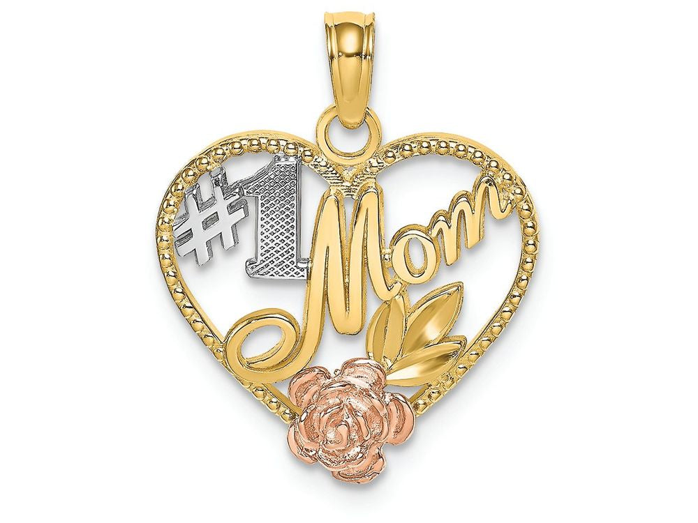 FJC Finejewelers 14k Two-tone Gold Beaded Heart with #1 Mom Bright Cut Leaf - Tri-color Charm