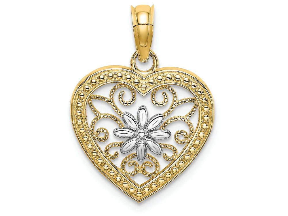 FJC Finejewelers 14k Two-tone Gold Beaded Heart Flower Filigree Centertwo-color Charm