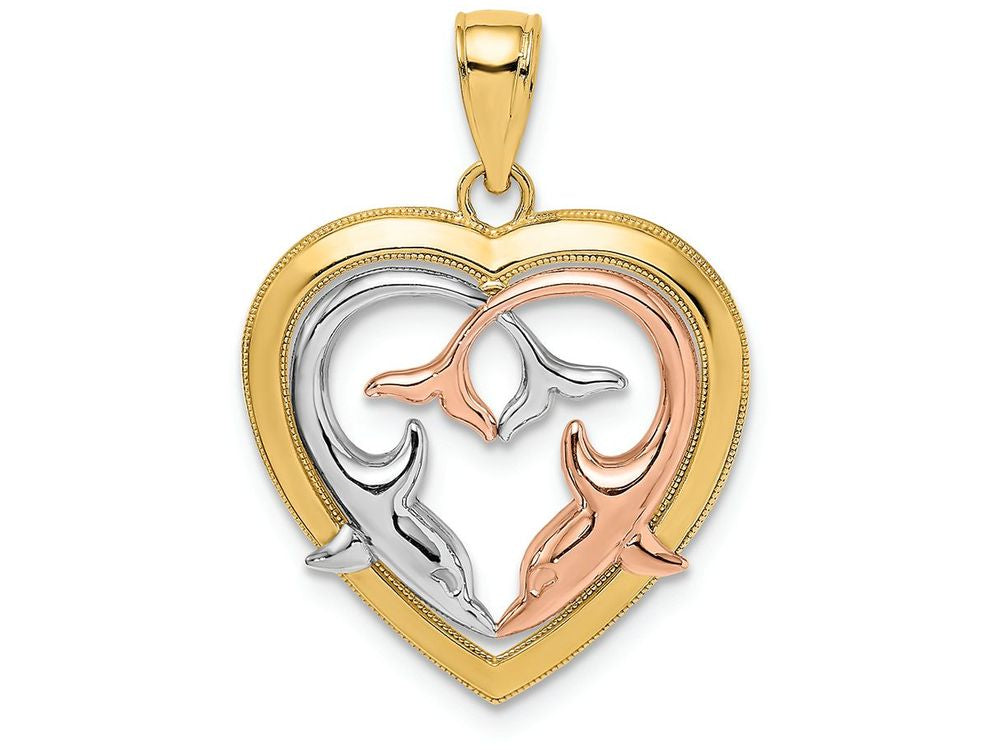 FJC Finejewelers 14k Two-tone Gold Dolphins In Heart Frametri-color Charm
