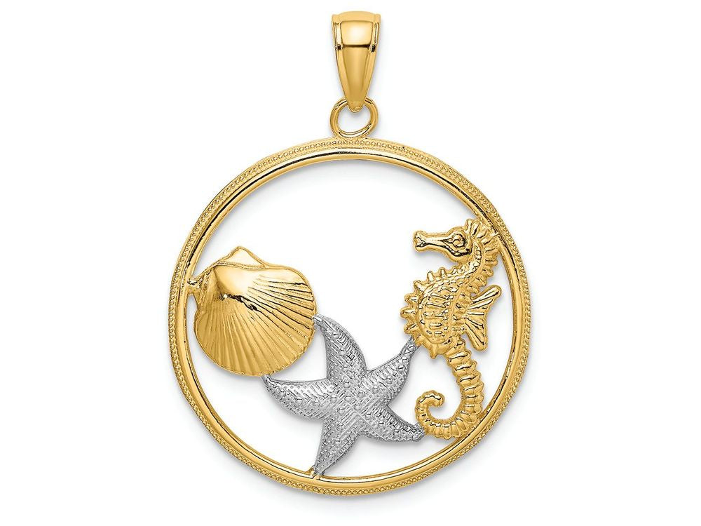 FJC Finejewelers 14k Two-tone Gold Scallop White Starfish Seahorse In Round Frame Charm