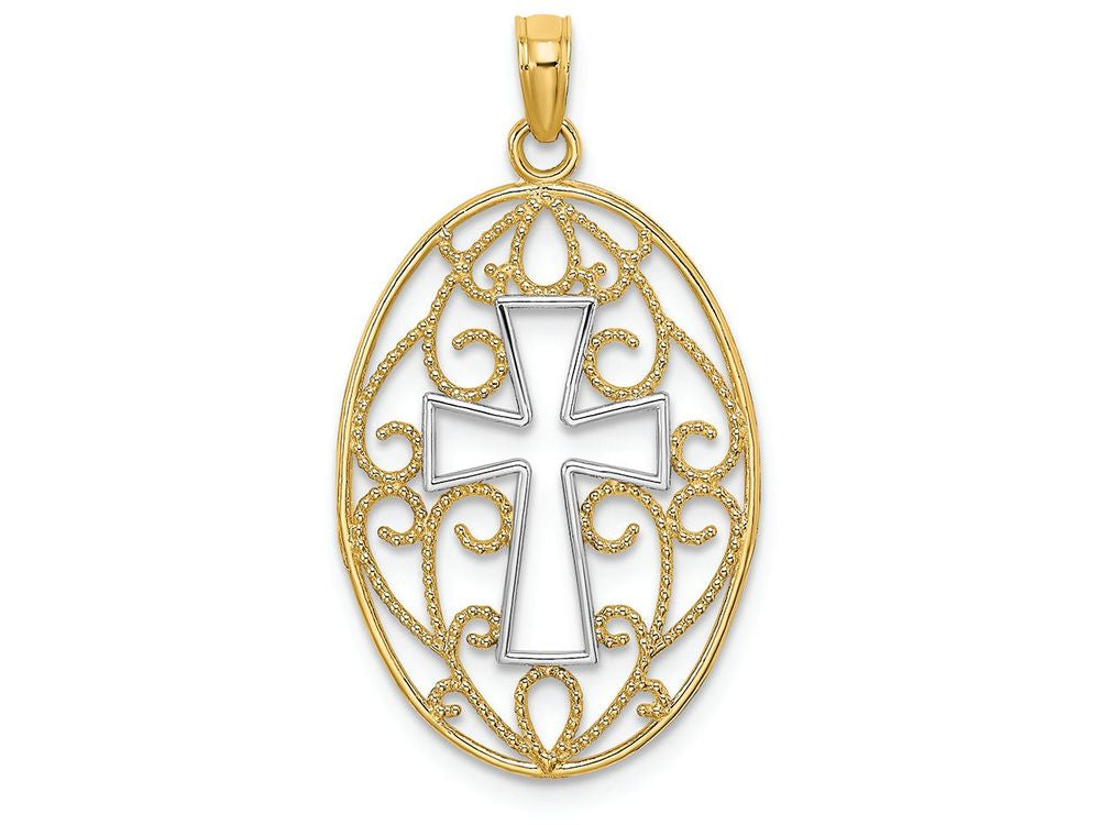 FJC Finejewelers 14k Yellow Gold with with Rhodium White Cross In Beaded Filigree Oval Frame Charm