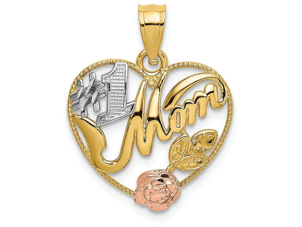 FJC Finejewelers 14k Two-tone Gold #1 Mom In Heart with Pink Flowertri-color Charm