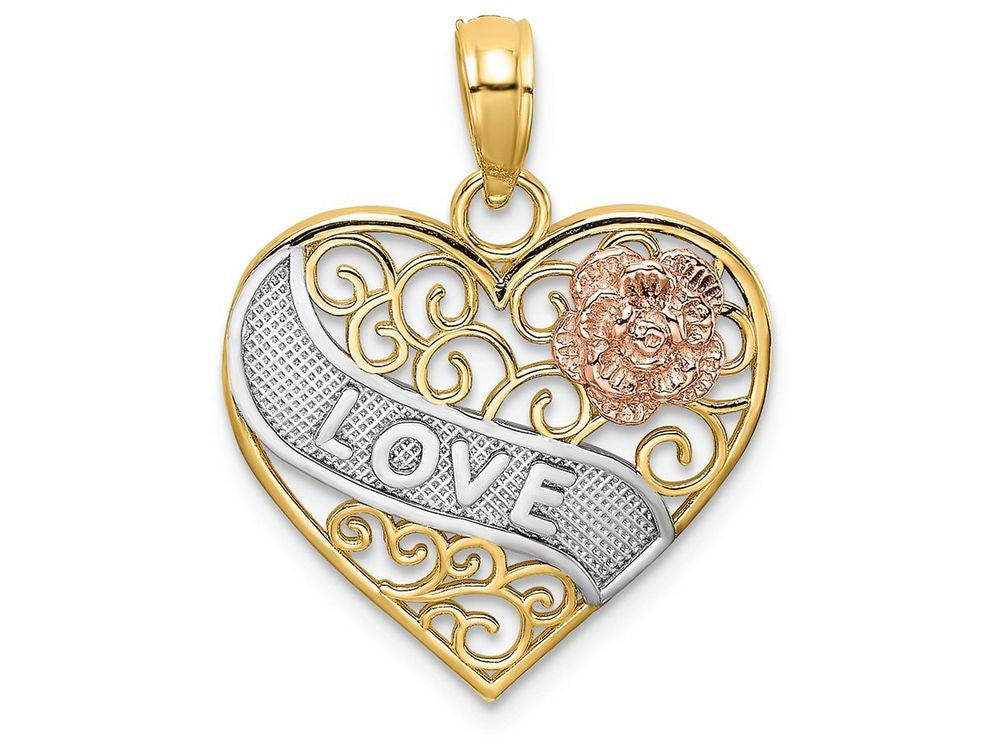 FJC Finejewelers 14k Two-tone Gold Love Banner On Filigree Heart with Pink Flowertri-color Charm