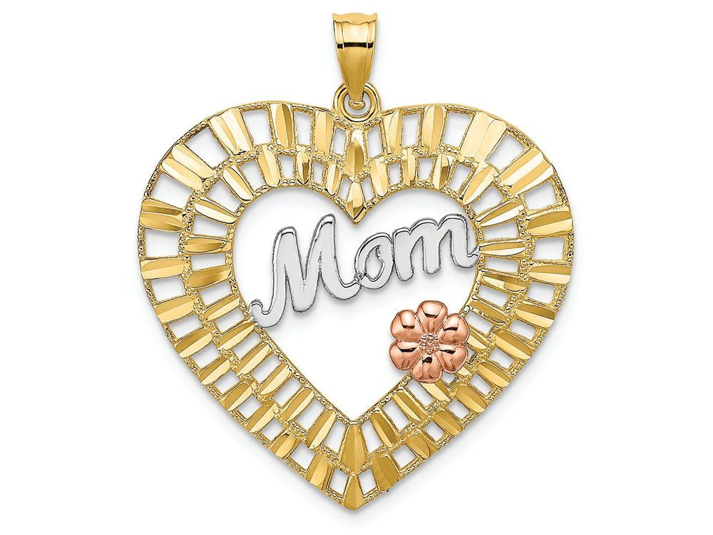 FJC Finejewelers 14k Two-tone Gold Mom with Pink Flower In Bright Cut Hearttri-color Charm
