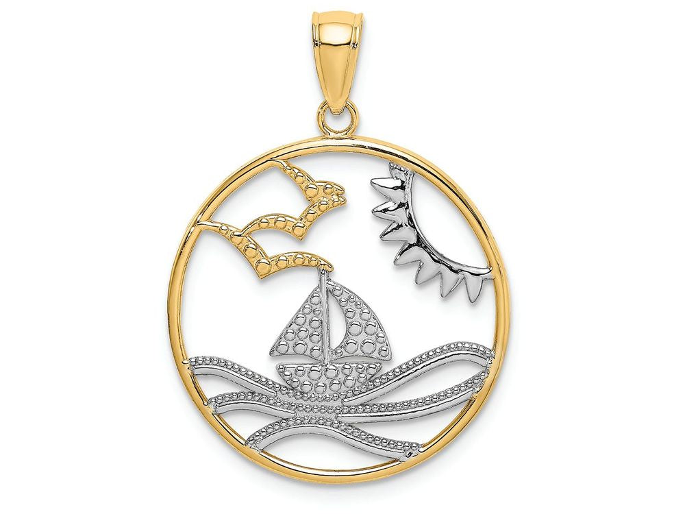 FJC Finejewelers 14k Two-tone Gold Sun Sailboat Water Seagulls In Round Frametwo-color Charm
