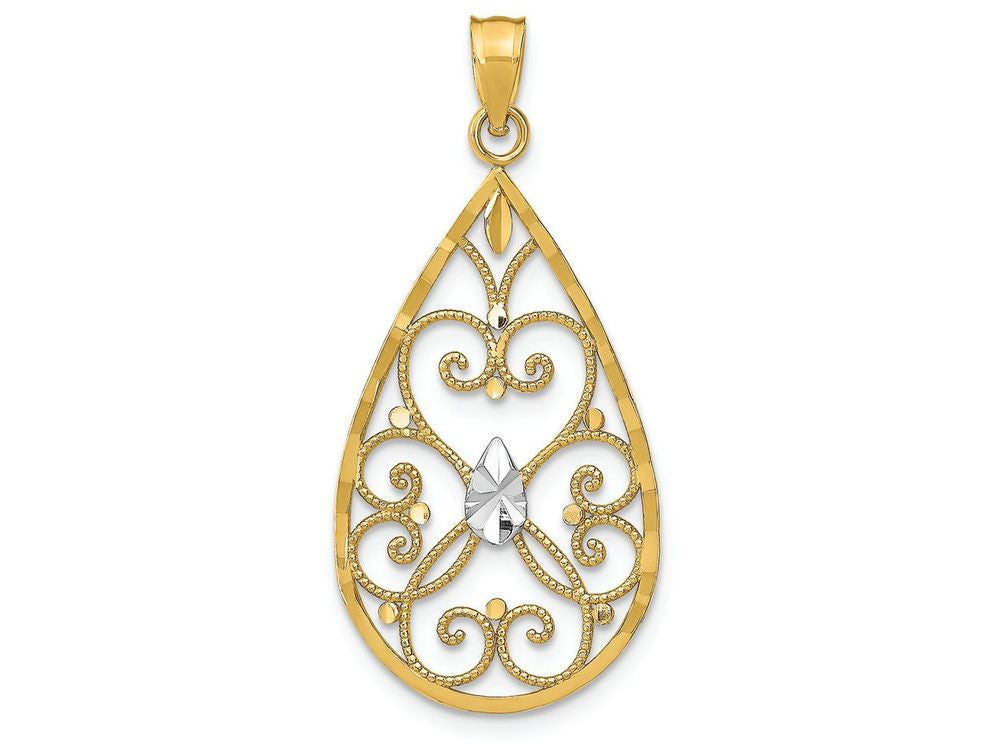 FJC Finejewelers 14k Two-tone Gold Teardrop with Beaded Heart Filigree White Bright Cut Center Charm