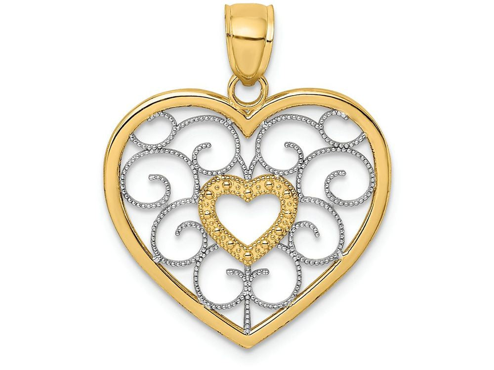 FJC Finejewelers 14k Two-tone Gold Heart Filigree Yellow Center Heart Charm