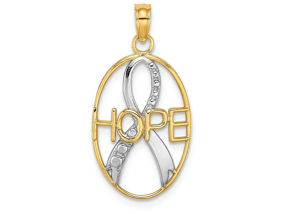 FJC Finejewelers 14k Yellow Gold with with Rhodium Hope Ribbon In Oval Frametwo-color Charm