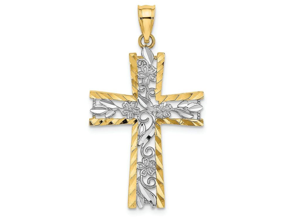 FJC Finejewelers 14k Yellow Gold with with Rhodium Cross with Bright Cut Edge White Flower Design Center Charm