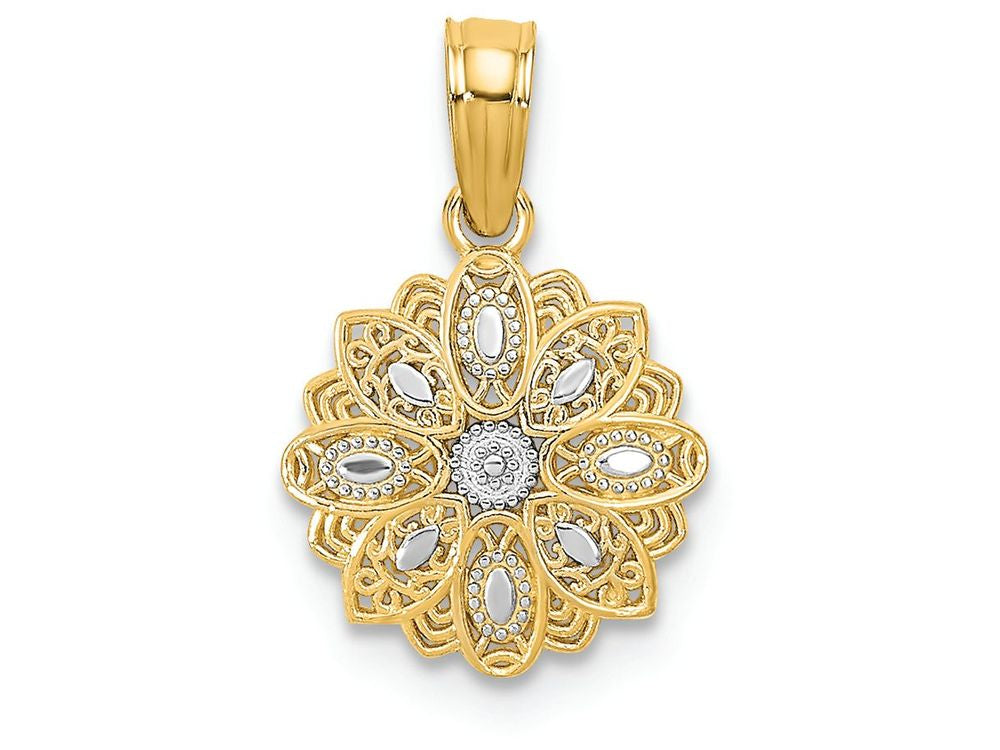 FJC Finejewelers 14k Two-tone Gold Mini Flower with Filigree Charm Bright Cut Petals O-ring
