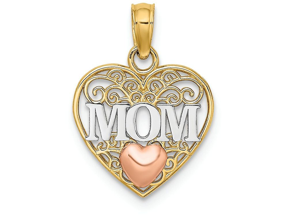 FJC Finejewelers 14k Two-tone Gold Wht Mom In Filigree Heart with Pink Hearttri-color Charm