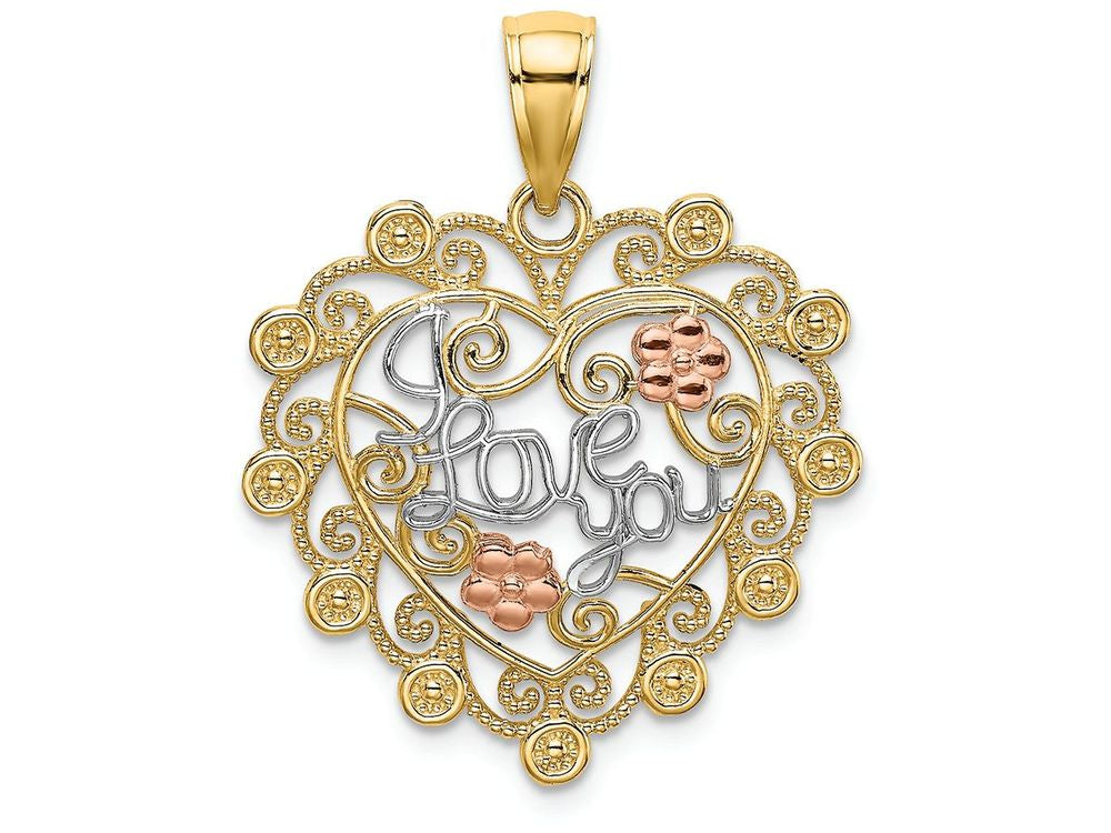 FJC Finejewelers 14k Two-tone Gold I Love You In Filigree Heart with Pink Flowers Tri-color Charm