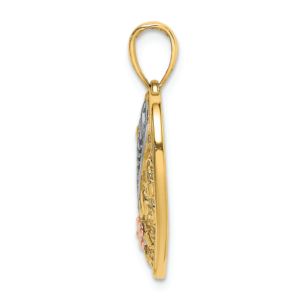 FJC Finejewelers 14k Yellow Gold with with Rhodium Wht Grandma In Filigree Heart with Pink Flowers Tri-color Charm