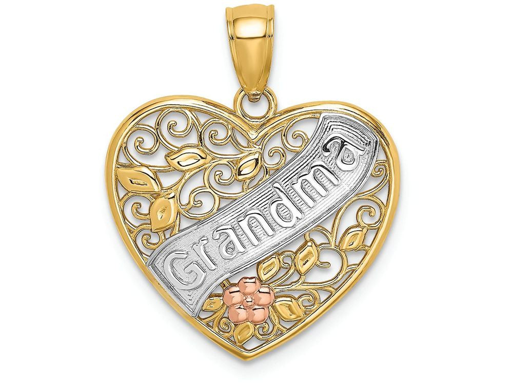 FJC Finejewelers 14k Yellow Gold with with Rhodium Wht Grandma In Filigree Heart with Pink Flowers Tri-color Charm