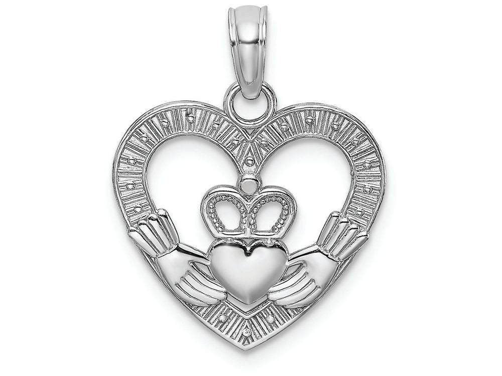 FJC Finejewelers 14k White Gold White Heart Claddagh Charm Polish Textured