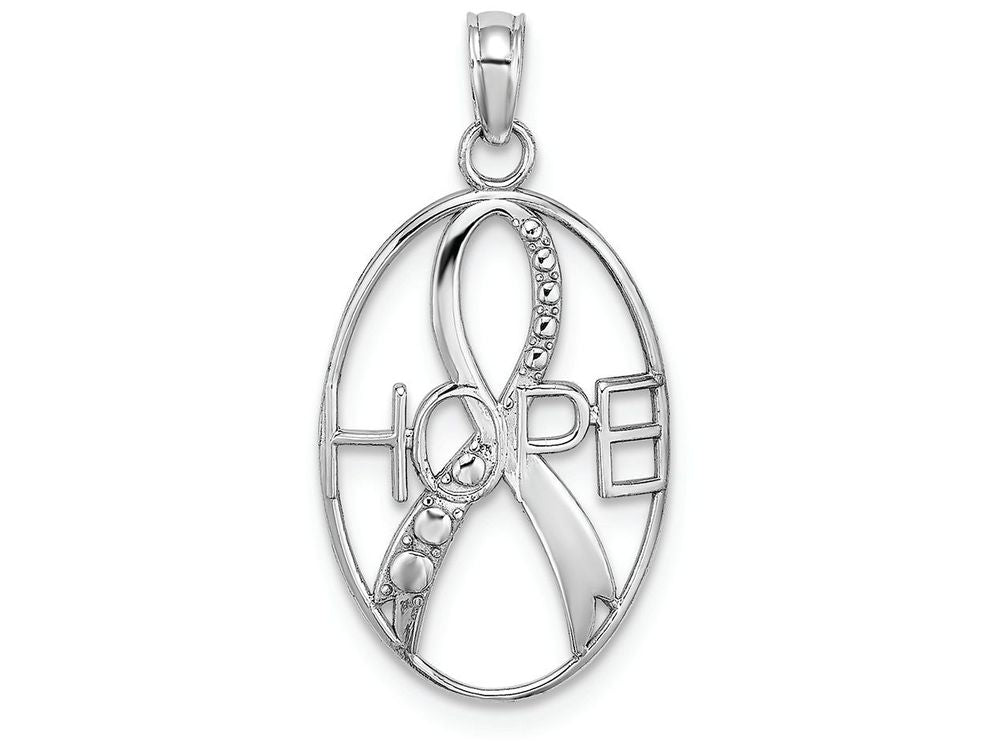 FJC Finejewelers 14k White Gold White Hope Ribbon In Oval Frame Polish Textured Charm